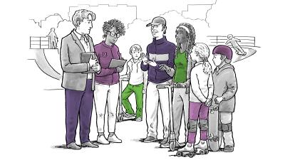 Illustratie - jongeren op straat in gesprek met ondervragers