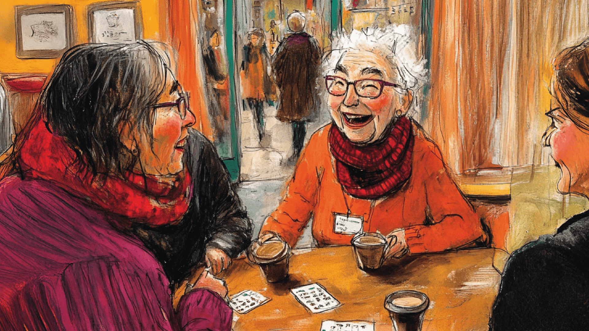 Illustratie ouderen aan koffietafel