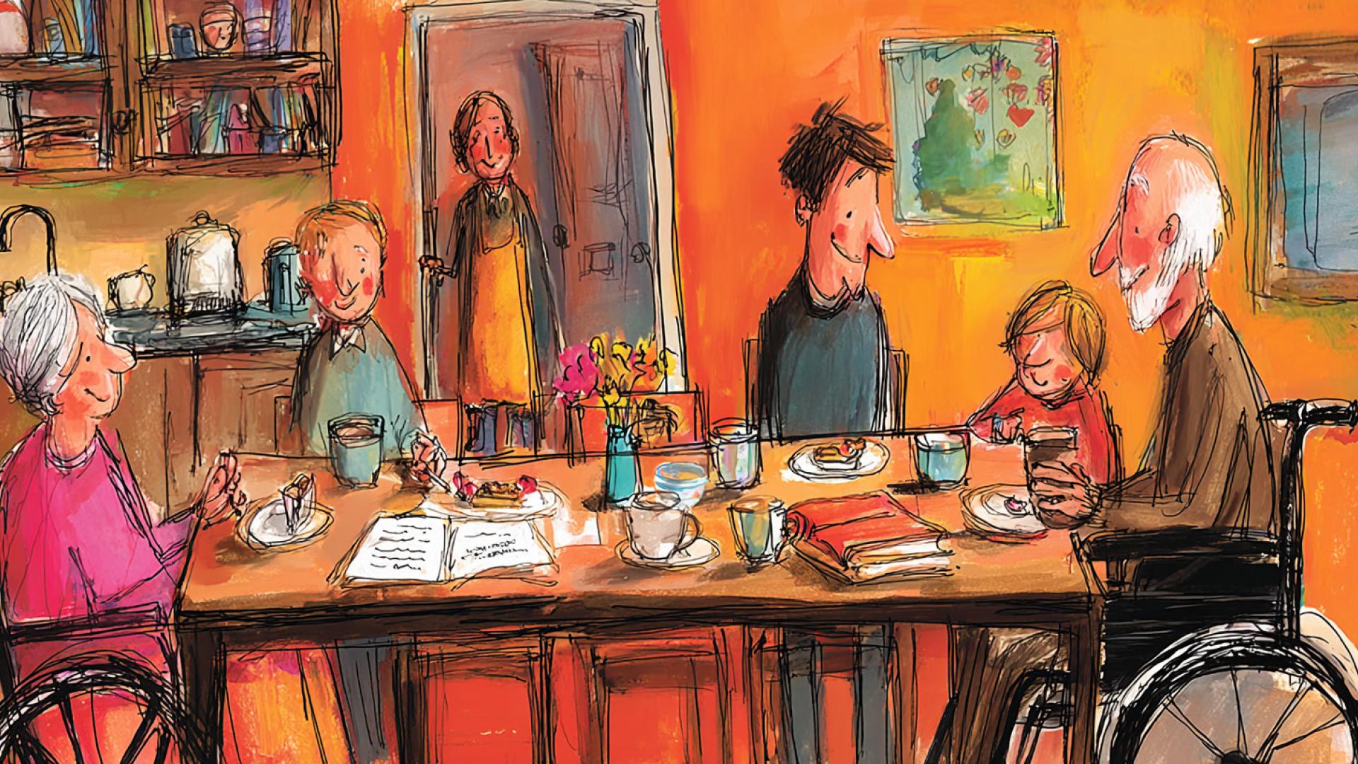 Illustratie ouderen in rolstoel bij gezin aan tafel