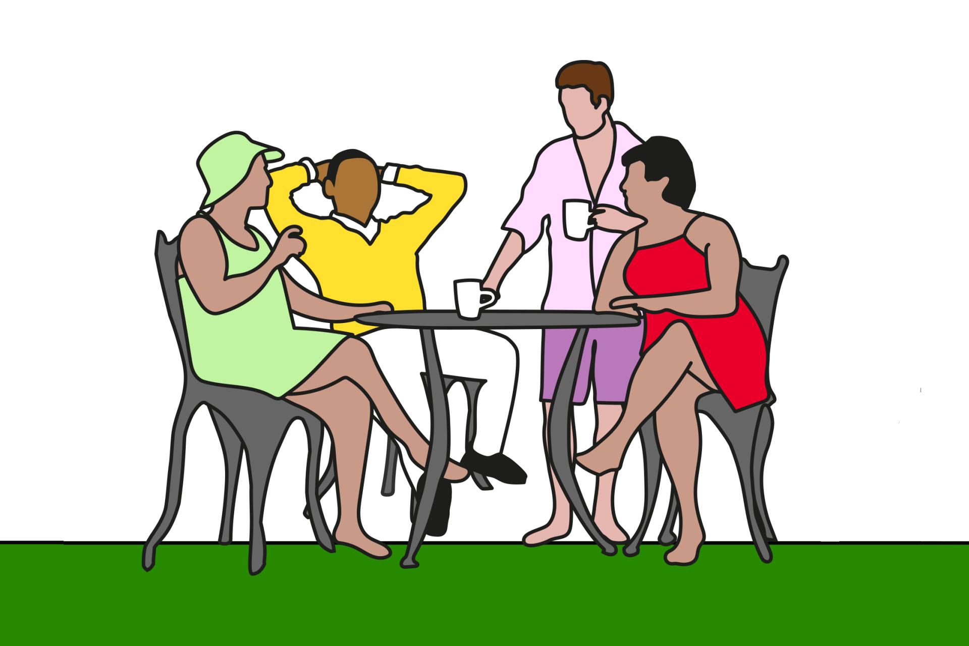 Illustratie: mensen drinken koffie aan tafel - Illustratie Suggestie & Illusie